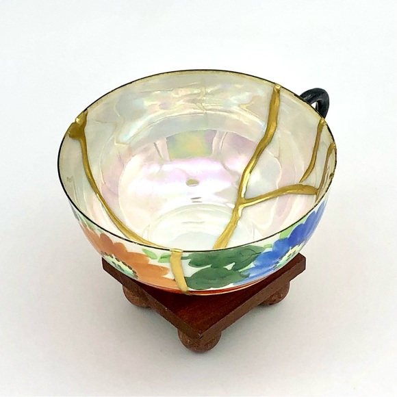 Retro Floral Teacup Kintsugi Eggshell Gold Crack Vtg MCM Japanese Growth Gift - Picture 7 of 16